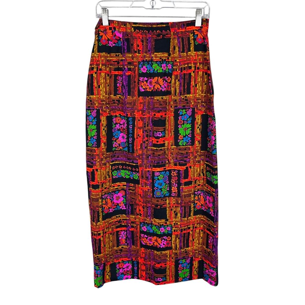 Vintage 70s Vibrant Patterned High Waisted Maxi Pencil Skirt Retro L - Picture 3 of 6